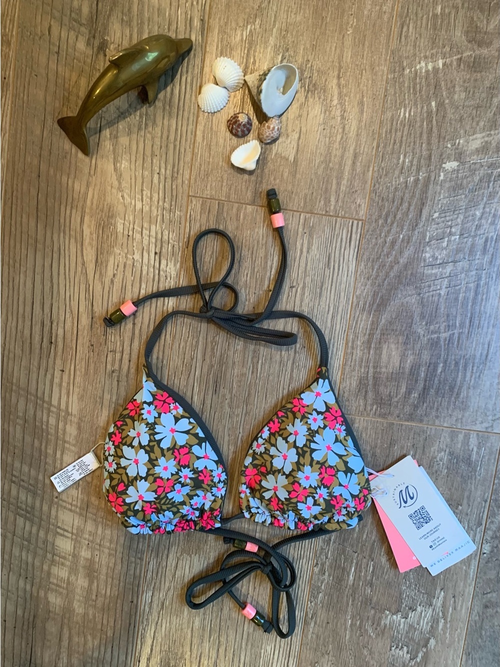 Maaji Floral Triangle Reversible Bikini Top in Olive, Blue & Pink NWT - M
